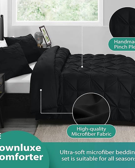 downluxe Pintuck Queen Comforter Set with 2 Pillow Shams - 3-Piece - Black Queen Bed Comforter Set for All Seasons, Pinch Pleat Microfiber Down Alternative Bedding Comforter Sets - LeafyLoom