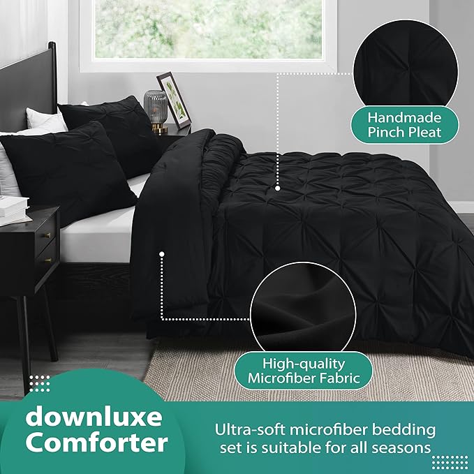 downluxe Pintuck Queen Comforter Set with 2 Pillow Shams - 3-Piece - Black Queen Bed Comforter Set for All Seasons, Pinch Pleat Microfiber Down Alternative Bedding Comforter Sets - LeafyLoom