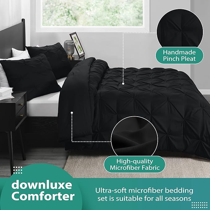 downluxe Pintuck King Size Comforter Set with 2 Pillow Shams - 3-Piece - Black King Comforter Set for All Seasons, Pinch Pleat Microfiber Down Alternative Bedding Comforter Sets - LeafyLoom