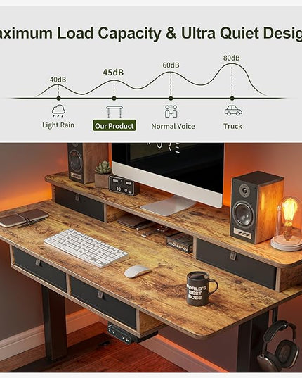 BANTI Height Adjustable Electric Standing Desk with 4 Drawers, 55 x 24 Inch Table with Storage Shelf, Sit Stand Desk, Rustic Brown Top - LeafyLoom