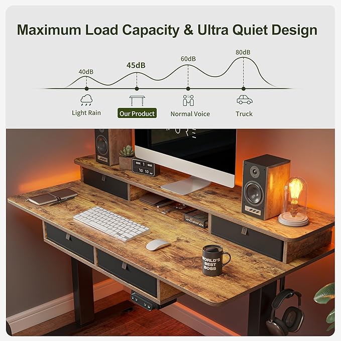 BANTI Height Adjustable Electric Standing Desk with 4 Drawers, 48 x 24 Inch Table with Storage Shelf, Sit Stand Desk, Rustic Brown Top - LeafyLoom