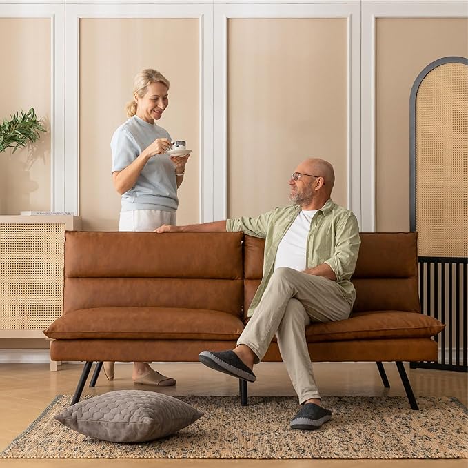 Futon Sofa Bed, Memory Foam Futon Couch with Adjustable Backrest, Multi-Functional Design Convertible Sofa Bed, Space-Saving Sleeper Sofa for Living Room(Brown-PU) - LeafyLoom
