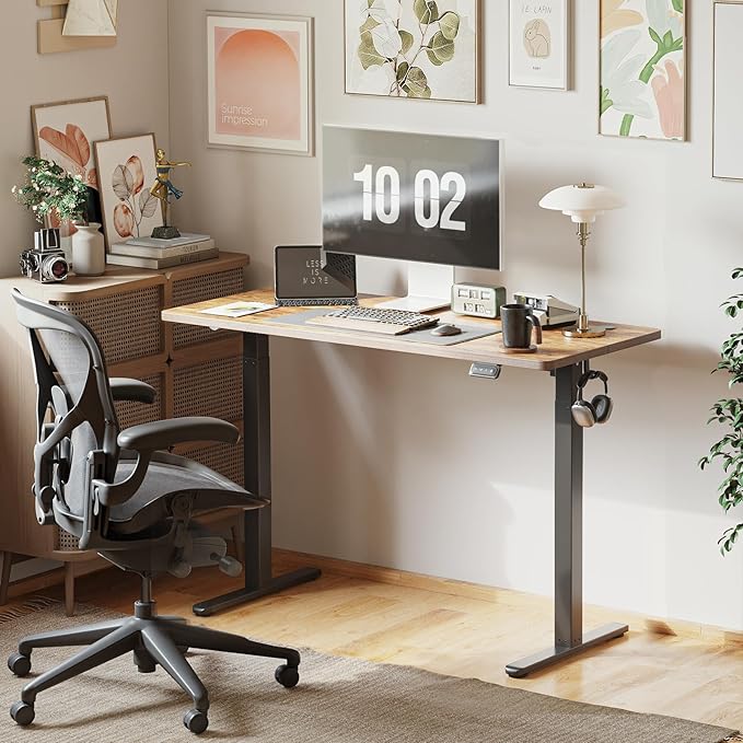 Cubiker Standing Desk 48 x 24 Inch, Stand up Height Adjustable Desk, Home Office Electric Table, Sit Stand Desk with Splice Board, Black Frame & Rustic Brown Desktop - LeafyLoom