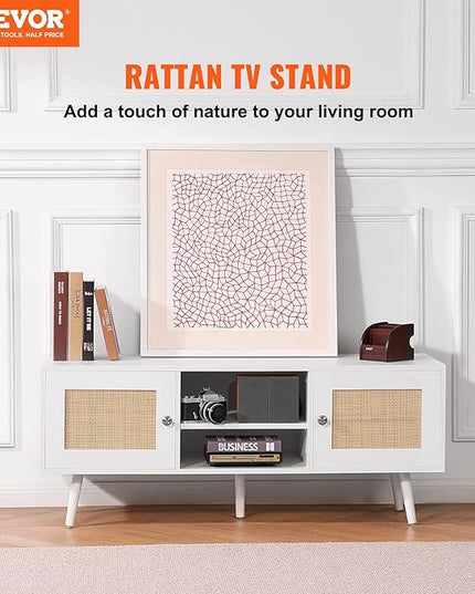 VEVOR Rattan TV Stand, Boho TV Cabinet for 55 inch TV, Mid Century Modern TV Stand, Rattan TV Console with Adjustable Shelfs for Living Room, Media Room, White - LeafyLoom