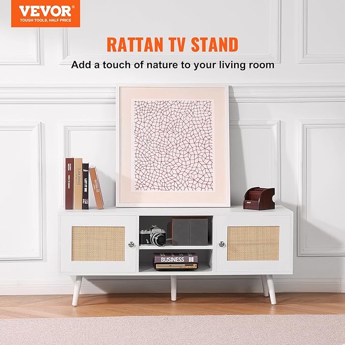 VEVOR Rattan TV Stand, Boho TV Cabinet for 55 inch TV, Mid Century Modern TV Stand, Rattan TV Console with Adjustable Shelfs for Living Room, Media Room, White - LeafyLoom