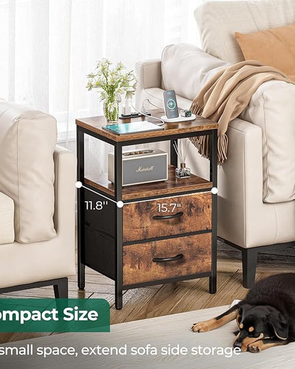 Nightstands Set of 2, End Tables with Charging Station, Side Tables with Fabric Drawers, Bedside Tables with USB Ports and Outlets, Night Stands for Bedroom, Rustic Brown - LeafyLoom
