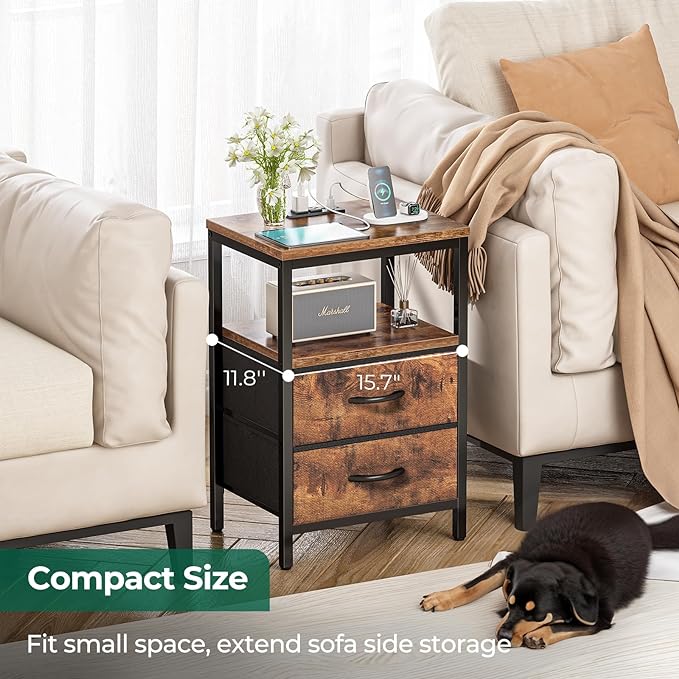 Nightstands Set of 2, End Tables with Charging Station, Side Tables with Fabric Drawers, Bedside Tables with USB Ports and Outlets, Night Stands for Bedroom, Rustic Brown - LeafyLoom