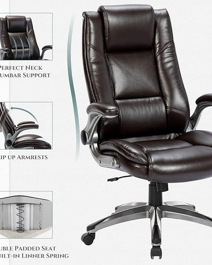 COLAMY Leather Executive Office Chair- High Back Home Computer Desk Chair with Padded Flip-up Arms, Adjustable Tilt Lock, Swivel Rolling Ergonomic Chair for Adult Working Study, Brown - LeafyLoom