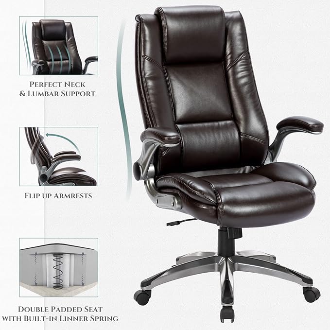 COLAMY Leather Executive Office Chair- High Back Home Computer Desk Chair with Padded Flip-up Arms, Adjustable Tilt Lock, Swivel Rolling Ergonomic Chair for Adult Working Study, Brown - LeafyLoom