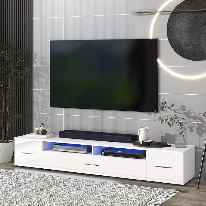NicBex TV Stand for 90+ Inch TV LED Entertainment Center Media Storage Console Table with High Gloss TV Cabinet and 16-Color RGB LED for Living Room,Bedroom, 82.60 Inch,White - LeafyLoom
