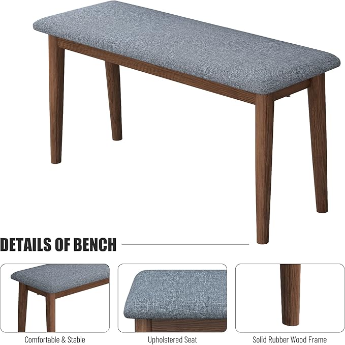 5 Piece Kitchen Dining, Wooden Rectangular Table Chairs and 2 Upholstered Bench, Retro Rustic Dinette Set for 6 People for Living Room Furniture, Walnut - LeafyLoom