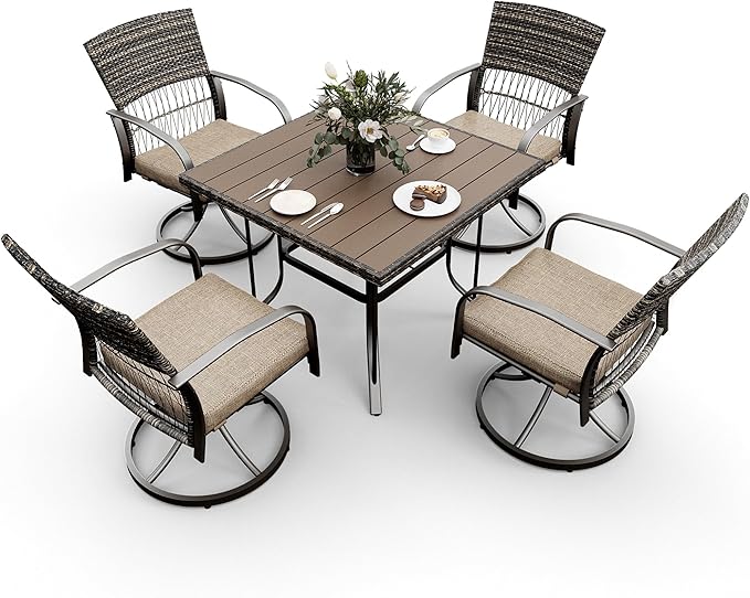 Pamapic 5 Piece Patio Dining Set for 4,Wicker Outdoor Furniture Set for Backyard Garden Deck Poolside with Square Plastic-Wood Table Top,4 Cushions Swivel Rocker Chairs,Removable Cushions(Beige) - LeafyLoom