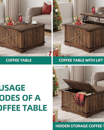 YITAHOME Farmhouse Lift Top Coffee Table, Square Wood Center Table with Large Hidden Storage Compartment for Living Room, Rustic Cocktail Table with Lift Top for Home Office,Reclaimed Barnwood - LeafyLoom