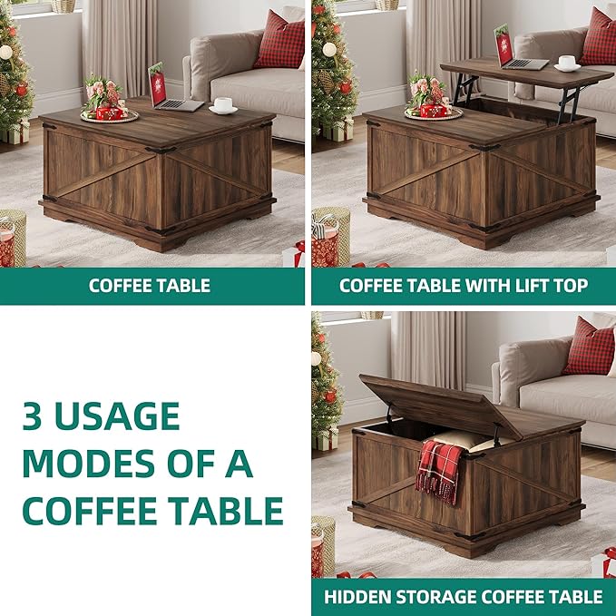 YITAHOME Farmhouse Lift Top Coffee Table, Square Wood Center Table with Large Hidden Storage Compartment for Living Room, Rustic Cocktail Table with Lift Top for Home Office,Reclaimed Barnwood - LeafyLoom