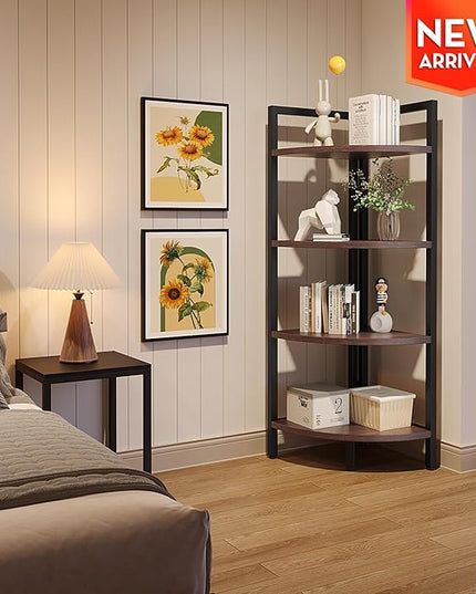 SAYGOER Corner Bookshelf 4 Tier Stand Corner Ladder Shelf Modern Storage Organizer Bookcase Industrial Display Rack Shelves for Small Space, Living Room,Brown - LeafyLoom