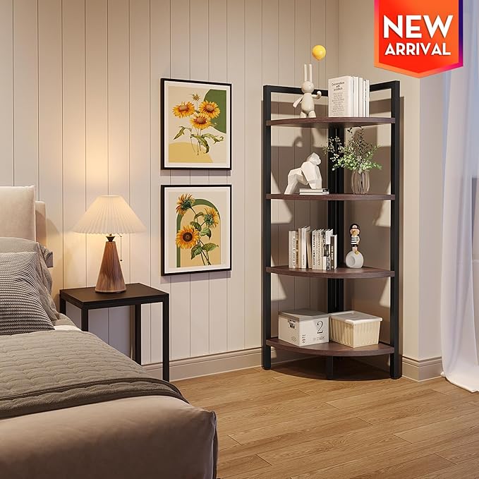 SAYGOER Corner Bookshelf 4 Tier Stand Corner Ladder Shelf Modern Storage Organizer Bookcase Industrial Display Rack Shelves for Small Space, Living Room,Brown - LeafyLoom