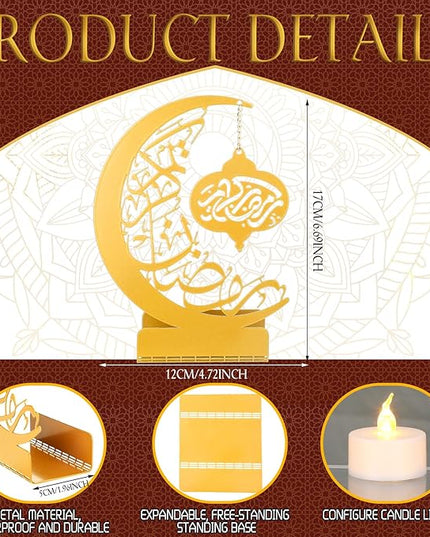 Eid Crafts Night Light 3D Metal Ramadan Eid Mubarak Ornaments Ramadan Decorations Ramadan Table Decor Ramadan Mubarak Light with 2 LED Candles for Home Eid Party Supplies (Classic) - LeafyLoom