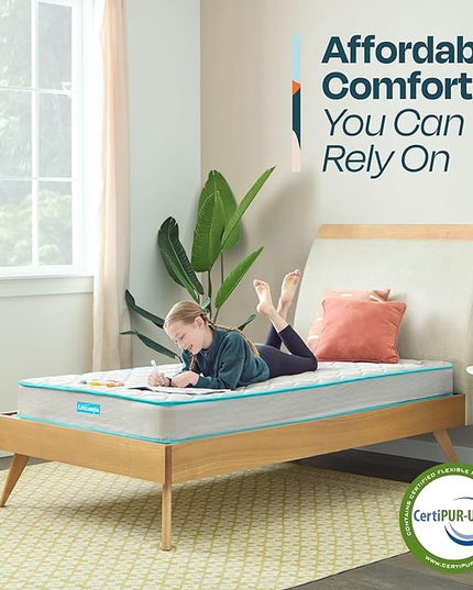 Linenspa 6 Inch Mattress - Firm Feel - Bonnell Spring with Foam Layer - Mattress in a Box - Youth or Kids Bed - Guest Bedroom - Durable and Breathable Support - Affordable - Narrow Twin Size, Grey - LeafyLoom