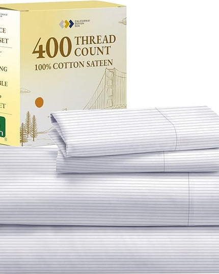 California Design Den Pinstripe Sheets Full Size Softest 100% Cotton Sheets Set, Luxury 400 Thread Count Sateen, Printed Striped Pattern (Pinstriped) - LeafyLoom