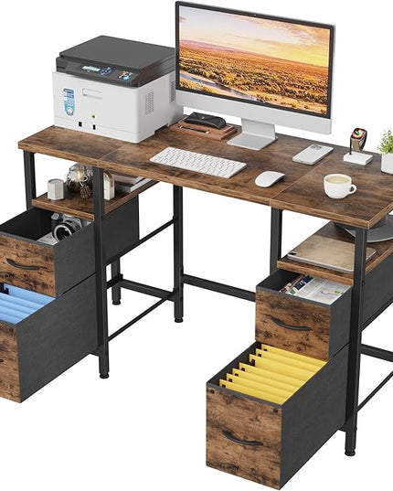 47'' Office Desk with 4 Fabric File Drawers - File Drawer Organization, Computer Work Desk, Study Writing Table, Home Office Workstation, Rustic Brown - LeafyLoom