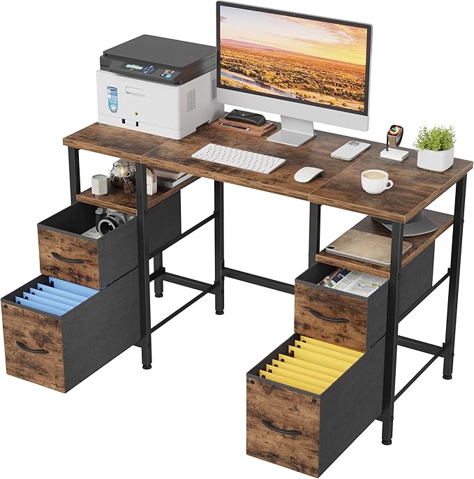 47'' Office Desk with 4 Fabric File Drawers - File Drawer Organization, Computer Work Desk, Study Writing Table, Home Office Workstation, Rustic Brown - LeafyLoom