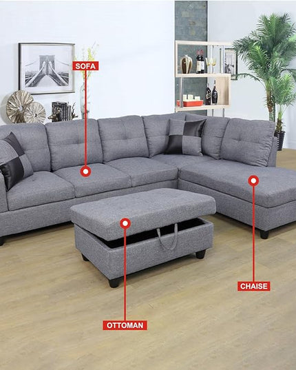 ROOMTEC Modern L Shaped Sectional Sofa Set with Storage Ottoman, Right Facing Chaise Longue, Reversible Backrest w/ 2 Cup Holders, Linen Tufted Cushions, for Living Room, Grey - LeafyLoom