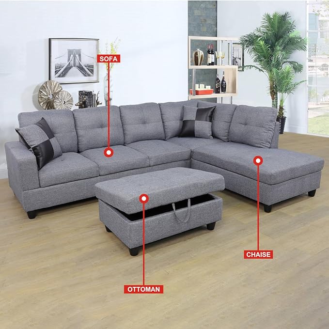 ROOMTEC Modern L Shaped Sectional Sofa Set with Storage Ottoman, Right Facing Chaise Longue, Reversible Backrest w/ 2 Cup Holders, Linen Tufted Cushions, for Living Room, Grey - LeafyLoom