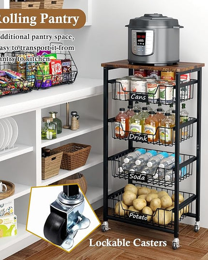 Fruit Basket, 5-Tier Utility Kitchen Organizer and Storage Cart with Pull-Out Baskets and Wood Top, Rolling Pantry Kitchen Cart on Wheels for Fruit Potato Onion Vegetable Snack Produce - LeafyLoom