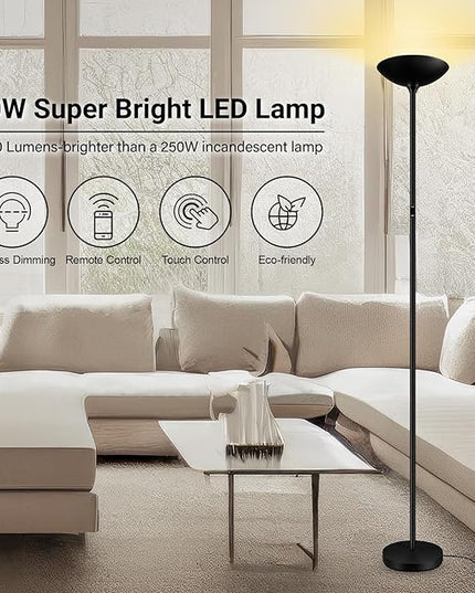 BoostArea Dimmable Floor Lamp,30W 3000LM Super Bright LED Torchiere Standing Lamp with Remote & Touch Control,71 in Tall Pole Sky Modern Floor Lamps for Living Room Bedroom Office,2700k-6500k,Black - LeafyLoom