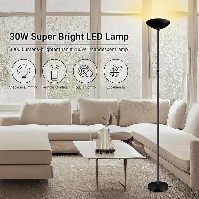 BoostArea Dimmable Floor Lamp,30W 3000LM Super Bright LED Torchiere Standing Lamp with Remote & Touch Control,71 in Tall Pole Sky Modern Floor Lamps for Living Room Bedroom Office,2700k-6500k,Black - LeafyLoom