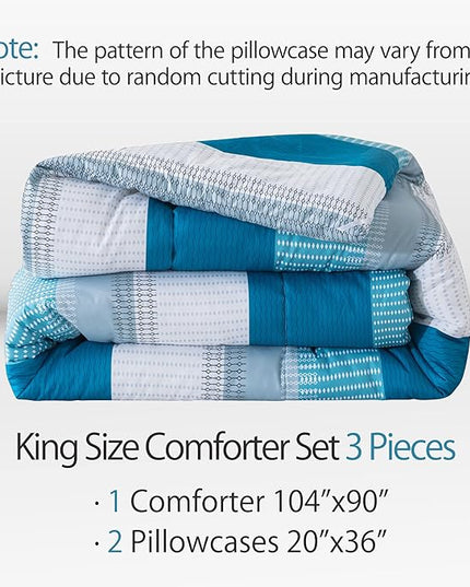 Andency Stripe Comforter Set King Size (104x90 Inch), 3 Pieces Teal Patchwork Striped Comforter, Soft Microfiber Down Alternative Comforter Bedding Set with Corner Loops - LeafyLoom