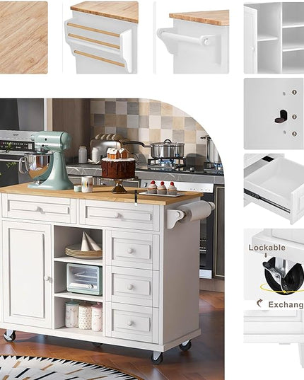 Kitchen Island with Storage Cabinets, Rolling Mobile Kitchen-cart w/Rubber Wood Desktop and 5 Drawers & Open Shelves, Sideboard for Dining Room, Home Bar - LeafyLoom