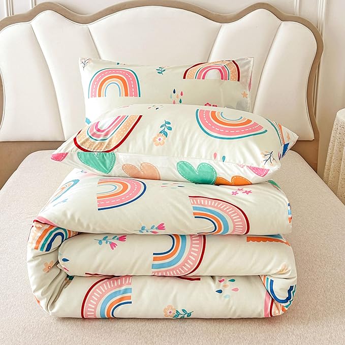 Btargot Lightweight Soft 3 Piece Rainbow Comforter Set with 2 Pillow Covers, Cartoon Love Hearts Flowers and Grass Bedding Set for Girls Boys Kids, Twin Multi-Color - LeafyLoom