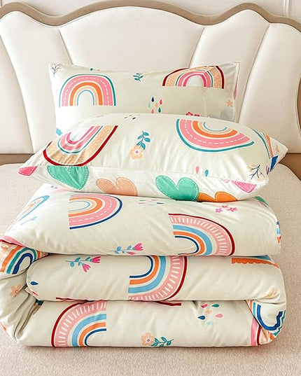 Btargot Lightweight Soft 3 Piece Rainbow Comforter Set with 2 Pillow Covers, Cartoon Love Hearts Flowers and Grass Bedding Set for Girls Boys Kids, Full Multi-Color - LeafyLoom