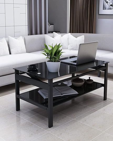 Glass Lift Top Coffee Table, 38 Inch Modern Simple 2-Layer Tempered Glass Coffee Table with Storage Shelf, Center Table/Tea Table for Living Room, Black - LeafyLoom