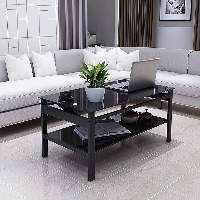 Glass Lift Top Coffee Table, 38 Inch Modern Simple 2-Layer Tempered Glass Coffee Table with Storage Shelf, Center Table/Tea Table for Living Room, Black - LeafyLoom