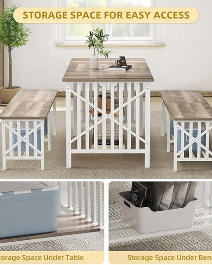 DWVO 3-Piece Dining Table Set for 4-6 People, 63" Dining Room Table with 2 Benches, Industrial Rectangular Dining Room Table Set with Storage for Kitchen, Dining Room, Washed Grey - LeafyLoom