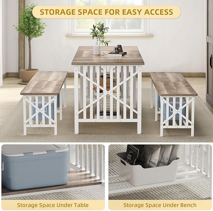 DWVO 3-Piece Dining Table Set for 4-6 People, 63" Dining Room Table with 2 Benches, Industrial Rectangular Dining Room Table Set with Storage for Kitchen, Dining Room, Washed Grey - LeafyLoom