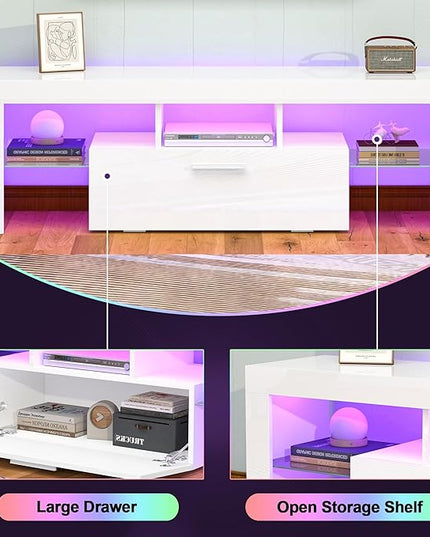 Clikuutory White LED TV Stand with Large Storage Drawer for 32 40 50 55 Inch TVs, Modern High gloss TV Console Table with Entertainment Center for Living Room, Bedroom, White - LeafyLoom