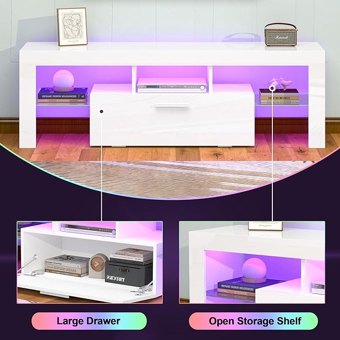 Clikuutory White LED TV Stand with Large Storage Drawer for 32 40 50 55 Inch TVs, Modern High gloss TV Console Table with Entertainment Center for Living Room, Bedroom, White - LeafyLoom