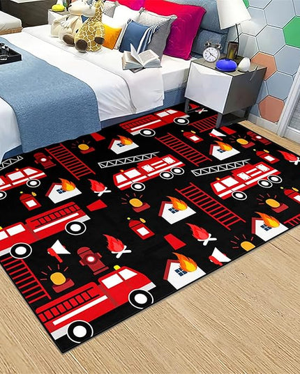 Car Play Rug Fire Fighting Truck Area Rug Car Rug Play Mat Kids Rugs for Playroomcar Rug for Boys Room Carpet Floor Mat for Bedroom Living Room,Black 3'×4' - LeafyLoom