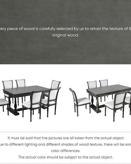 59.4 Inch Dining Table Set for 6, 7-Piece Dining Table with 4 Trestle Base and 6 Upholstered Chairs with Slightly Curve and Ergonomic Seat Back, Grey - LeafyLoom