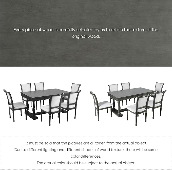 59.4 Inch Dining Table Set for 6, 7-Piece Dining Table with 4 Trestle Base and 6 Upholstered Chairs with Slightly Curve and Ergonomic Seat Back, Grey - LeafyLoom