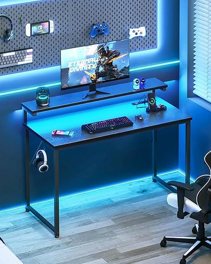 AODK Small Desk, 40 Inch Gaming Desk with LED Lights and Power Outlet, Computer Desk with Adjustable Monitor Shelf (3 Heights), Home Office Table Study Desk Compact Desk for Small Space, Black - LeafyLoom