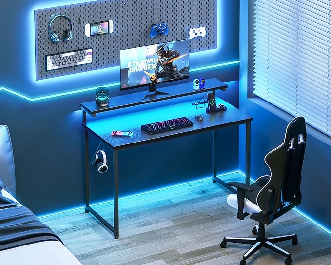 AODK Small Desk, 40 Inch Gaming Desk with LED Lights and Power Outlet, Computer Desk with Adjustable Monitor Shelf (3 Heights), Home Office Table Study Desk Compact Desk for Small Space, Black - LeafyLoom