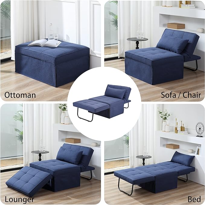 Sofa Bed, 4 in 1 Multi-Function Folding Ottoman Breathable Linen Couch Bed with Adjustable Backrest Modern Convertible Chair for Living Room Apartment Office,Blue - LeafyLoom