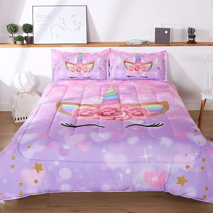 Unicorn Comforter Set 3pc Pink Flower Girl Soft Unicorn Kid's Bedding Sets - LeafyLoom