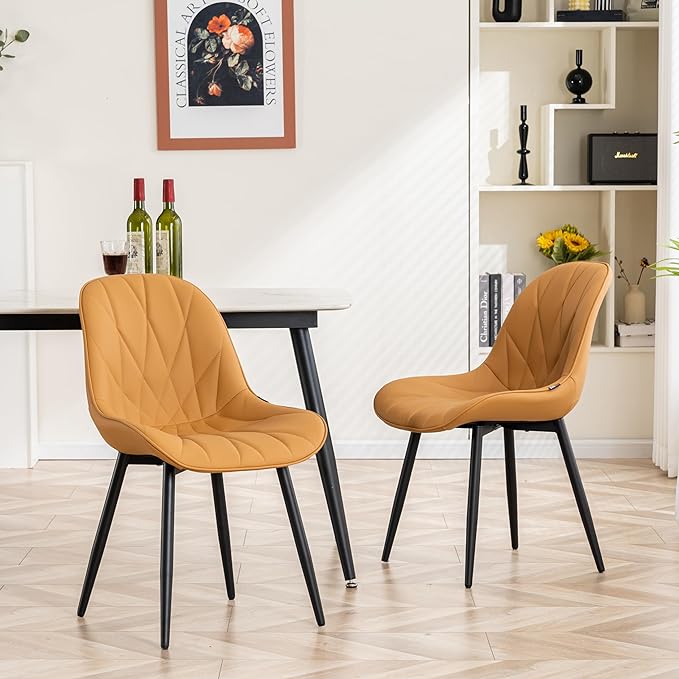 YOUNIKE Dining Chairs Set of 2, Saffron Tan Comfy Padded Kitchen Chairs, Armless Modern Faux Leather Upholstered Dining Room Chairs, Elegant Dinning Chairs Side Chairs, Loads up to 300LBS - LeafyLoom