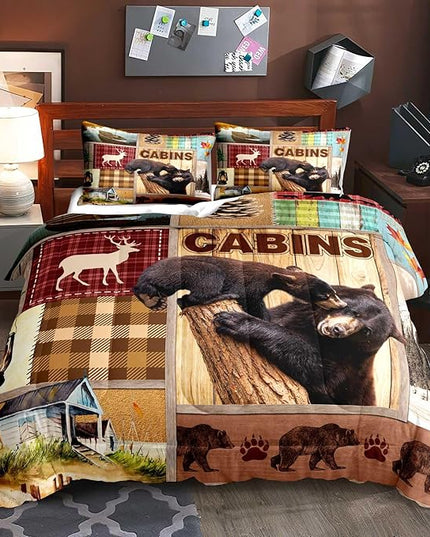 LUVIVIHOME 3PCS Rustic Cabin Comforter Set Queen Size, Bear Bedding Sets, Elk Deer Forest Woodland Animals Wildlife Hunting Country Farmhouse Red Buffalo Plaid Lodge Patchwork Quilt, 2 Pillow Shams - LeafyLoom