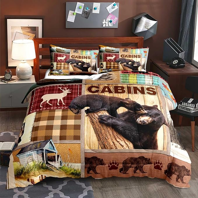 LUVIVIHOME 3PCS Rustic Cabin Comforter Set Queen Size, Bear Bedding Sets, Elk Deer Forest Woodland Animals Wildlife Hunting Country Farmhouse Red Buffalo Plaid Lodge Patchwork Quilt, 2 Pillow Shams - LeafyLoom